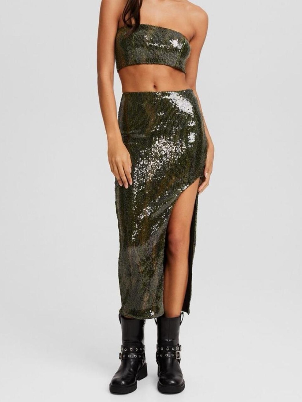 Bershka Olive Green Sequin Midi Skirt with Side Slit